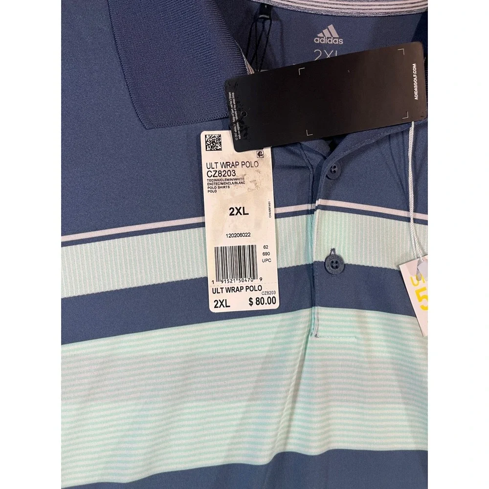 Adidas‎ Golf Mens Ultimate Wrap Polo Shirt Blue Mint Striped 2XL New